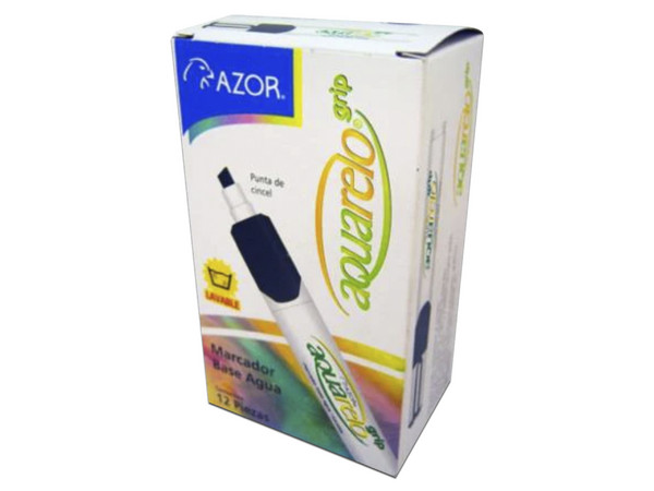 Marcador Azor Aquarelo Grip, Color Negro, caja con 12 Piezas.