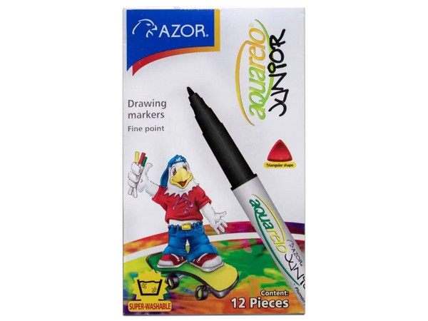 Marcadores Azor Aquarelo Junior 2900NE, Punta Fina, Paquete de 12 Piezas. Color Negro.