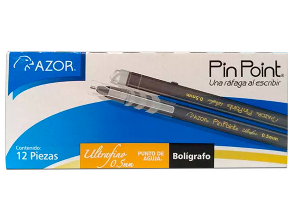 Bolígrafo Azor Pin Point de punta ultra fina 0.5mm, Color Negro. Paquete con 12 piezas