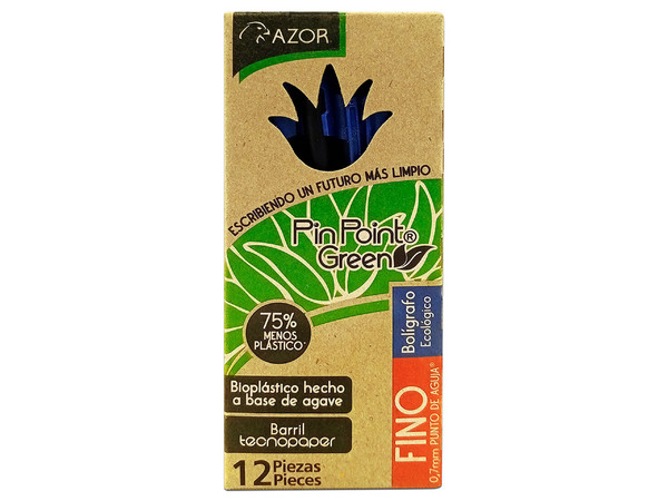 Paquete de Bolígrafos Ecológicos Azor Pin Ponit Green, Punto Fino, 12 piezas, Color Azul.
