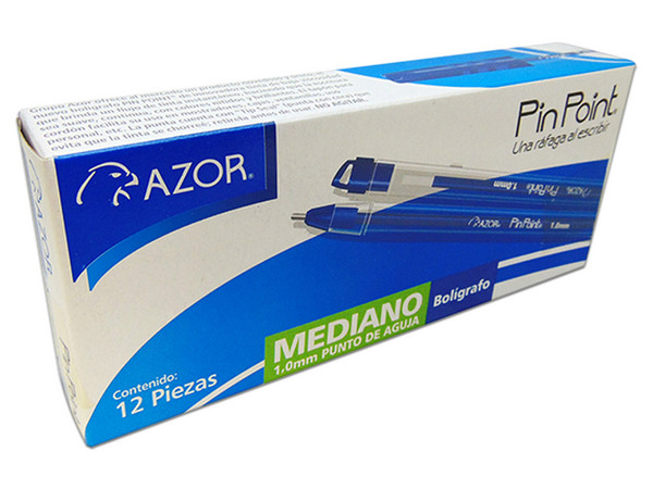 Bolígrafo Azor Pin Point, 1 mm, 12 Piezas. Color Azul.