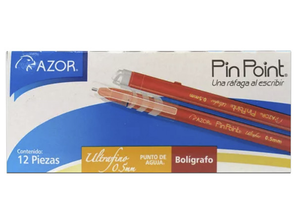 Bolígrafo AZOR  Pin Point 0.5mm, Color Rojo, Paquete con 12 piezas.