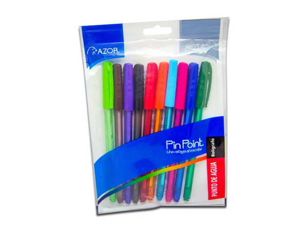 Paquete de Bolígrafos Azor Pin Point, Punto Fino, 10 piezas, Colores Surtidos.