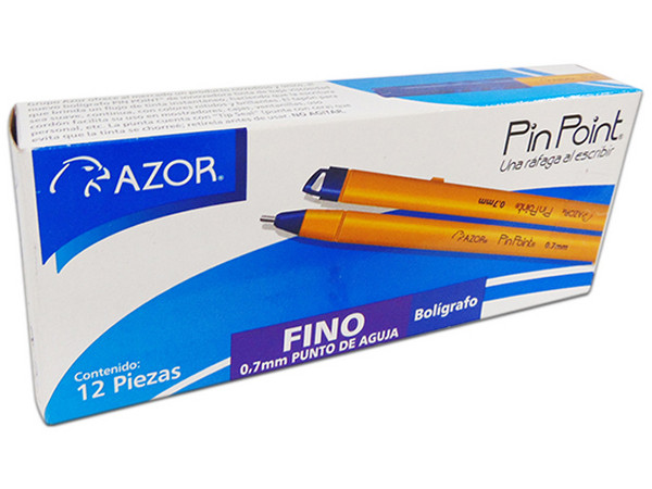 Bolígrafo Azor Pin Point de punta fina de 0.7mm, tinta permanente, Color Azul. Paquete con 12 piezas