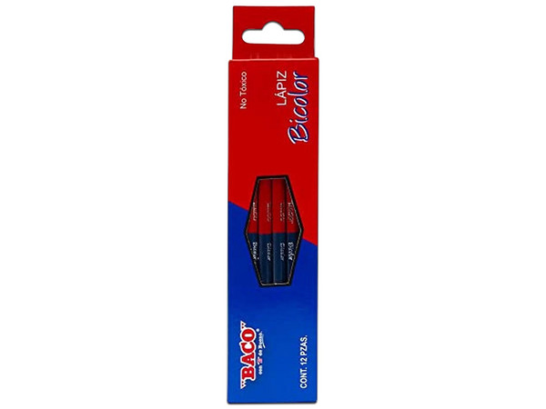 Lápiz Baco bicolor, rojo-azul, caja con 12 piezas.