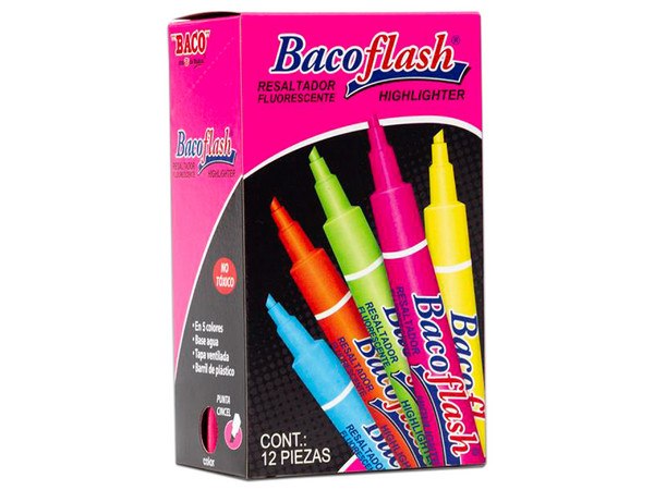 Resaltador BACO Flash, Color Rosa, Paquete con 12 piezas.