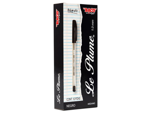 Bolígrafo BACO LE PLUME, 1.0 mm, 12 pzas, Color Negro.