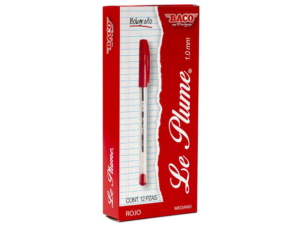 Bolígrafo BACO Le Plume, 1.0 mm, Color Rojo, Paquete de 12 piezas.