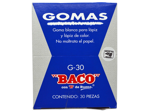 Borrador Baco GM002 para Lápiz, Mediano, 30 Piezas. Color Blanco.