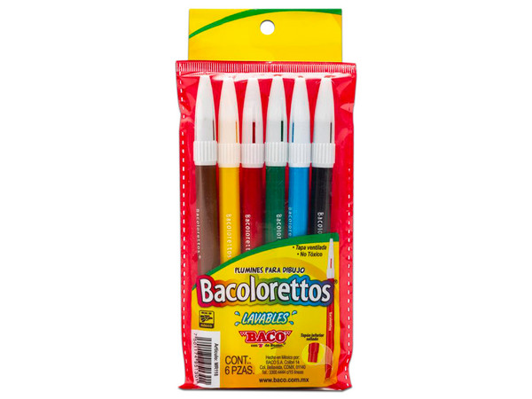 Plumones Bacolorettos, paquete con 6 piezas multicolores.