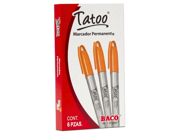 Marcador Permanente Tatoo, punta fina, color naranja, Paquete con 6 piezas.