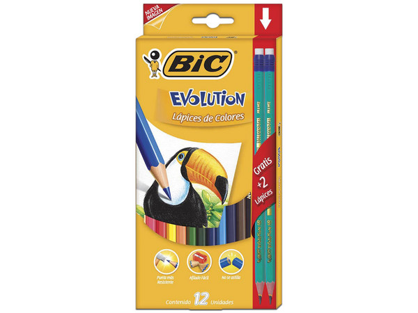 Colores BIC Evolution, Mina de 3 mm, Estuche con 12 Piezas. Colores Multicolor, Fabricados en Resina, Libres de Madera y PVC.