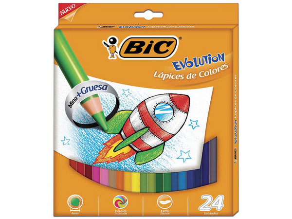 Estuche de Colores BIC Evolution Largos tiene minas gruesas de 4 mm y contiene 24 piezas, ideales para dibujo y actividades artísticas.
