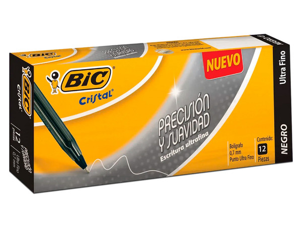 Bolígrafo BIC ultra fino de 0.7mm, Color Negro. Paquete con 12 piezas.