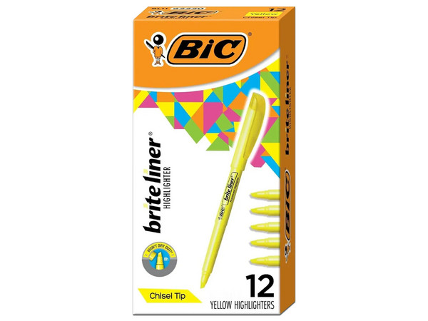 Marcatextos Bic Brite Liner, Color Amarillo. Incluye 12 Piezas por Paquete.