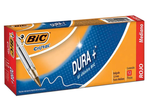 Bolígrafo Bic Cristal Dura+, Punta Media de 1.0 mm, Color Rojo, Paquete Con 12 Piezas.