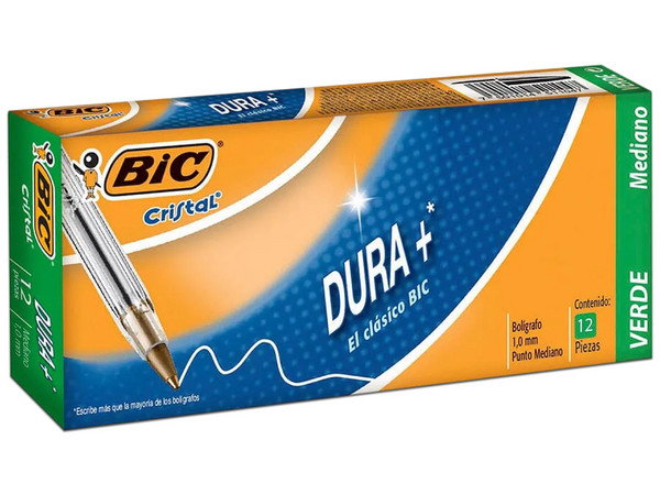 Bolígrafo Bic Cristal Dura+, Punta Media de 1.0 mm, Color Verde, Paquete Con 12 Piezas.