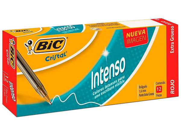 Bolígrafo BIC Cristal Intenso, Punto extra grueso de 1.6mm, 12 piezas, Color Rojo.