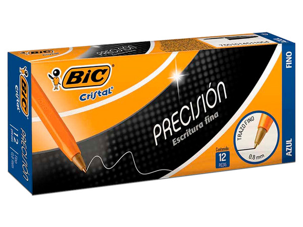Bolígrafo BIC Cristal Precisión, Punto fino de 0.8mm, 12 piezas, Color Azul.