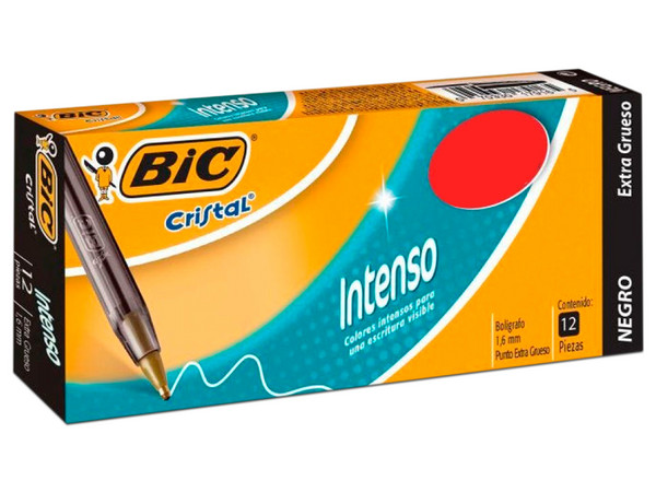 Bolígrafo BIC Cristal Intenso, 1.6mm, Tinta color negro, caja con 12 Piezas.