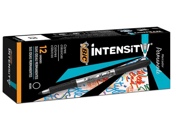 Marcador Permanente BIC Intensity Punta Fina 1.1mm Negro. Caja con 12 piezas, tinta de secado rápido, resistente al agua y a la decoloración, ideal para escribir en diversas superficies.