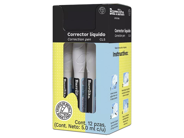 Corrector Líquido Barrilito de 5ml, caja con 12 piezas.