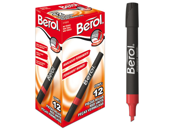 Marcador Permanente Berol de punta cincel, color rojo. Paquete con 12 piezas