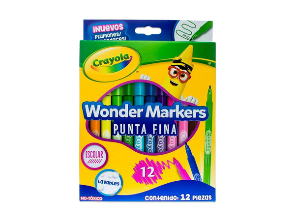Plumones Crayola Wonder 580080M002, Set de 12 Piezas, Colores Vivos, Punta Fina.