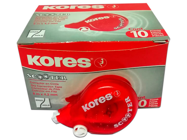 Corrector Kores Scooter Tipo Cinta de 8 x 4.2 mm, (Caja con 10 Piezas).