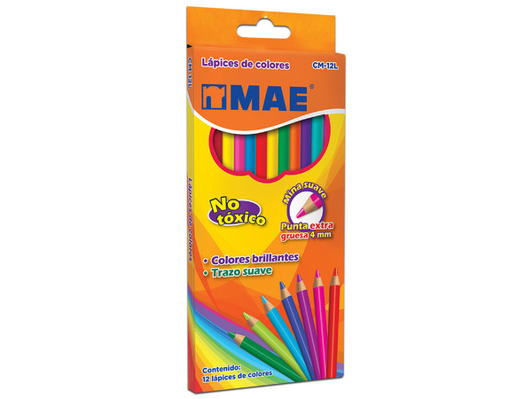 Estuche de Colores MAE Largos tiene minas de 4 mm y contiene 12 piezas, ideales para dibujo y actividades artísticas.