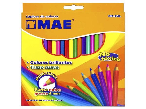 Lápices de Colores Largos MAE, No Tóxico, Caja de 24 Piezas.