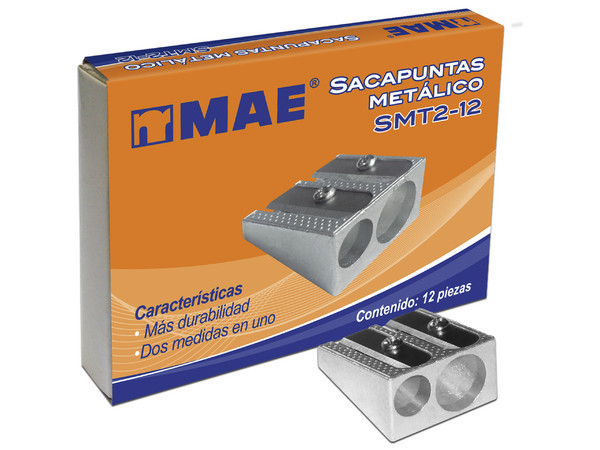 Sacapuntas doble MAE SMT2-12, Metálico, Forma triangular, Paquete con 12 piezas.