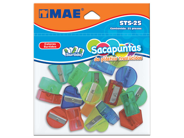 Sacapuntas Plástico MAE Translucido, Con 25 Piezas, Colores Variado.
