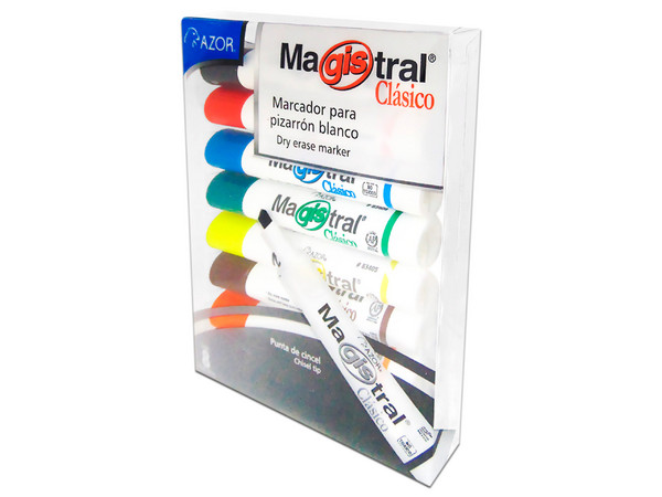 Marcador Magistral Clásico de Punta Cincel, Color Rojo, Negro, Azul, Amarillo, (8 Piezas)