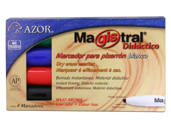 Marcador Magistral Didáctico para Pizarrón, 4 Piezas. Colores Surtidos.