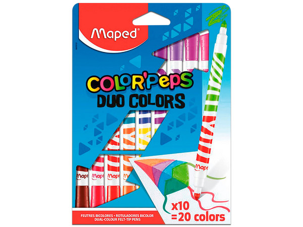Plumones Doble Punta Duo Maped, Caja con 10 Piezas. Colores de Escritura Multicolor, Incluye Tapón Antiasfixia y Casquillo Ventilado.