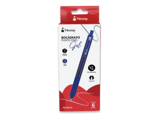 Bolígrafo Nextep NE-062AS, Tinta de Gel, Punta Fina 0.5 mm, Color Azul, Paquete con 6 Unidades.