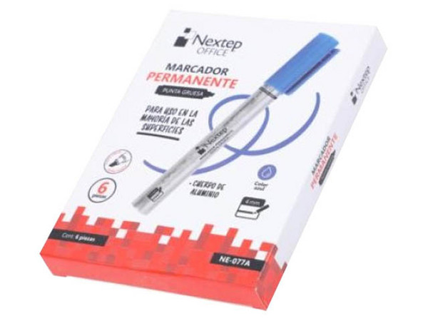 Marcador Permanente Nextep NE077A, Punta Gruesa Cincel 4 mm, Color Azul, Cuerpo de Aluminio, Secado Rapido, Paquete con 6 Piezas.