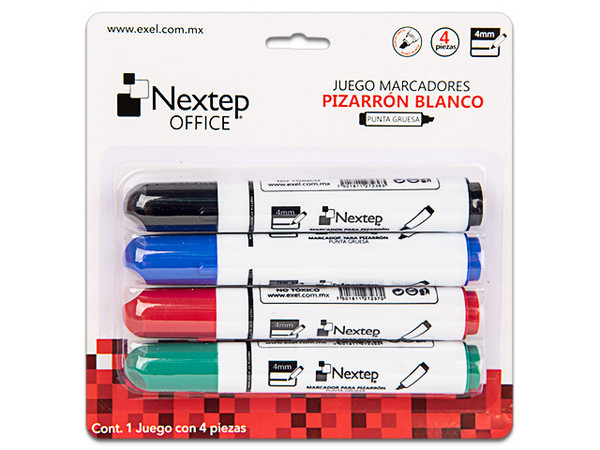 Marcadores Nextep para pizarrón blanco NE 078R, Punta gruesa cincel 4 mm, Juego de 4 colores.