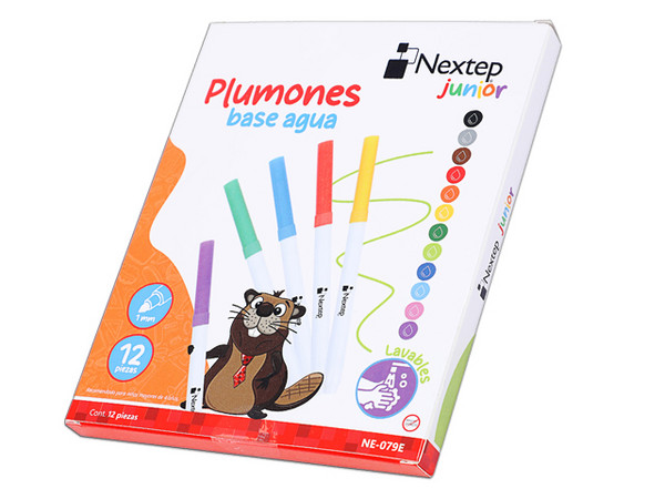 Plumones Nextep NE 079E, Base agua lavables, Estuche con 12 colores