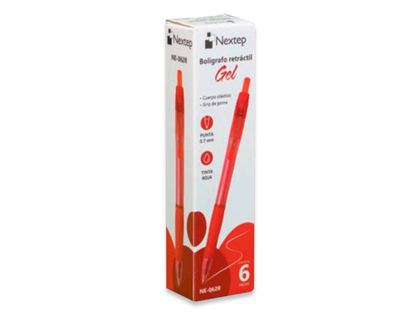 Boligrafo Nextep NE 062R, Tinta de gel, Punta mediana 0.7 mm, Color rojo, Caja con 6 piezas