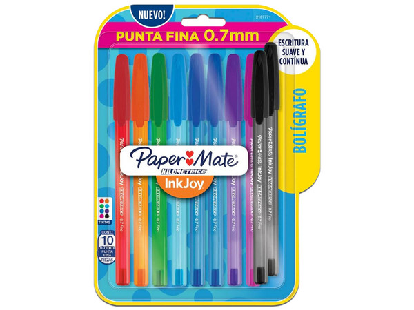 Bolígrafo Paper Mate InkJoy 2107771, Punto fino de 0.7mm, 10 piezas. Colores Surtidos.