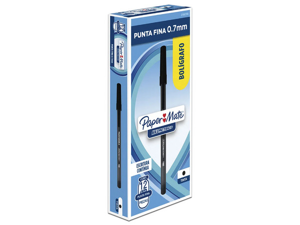 Bolígrafo Papermate Kilométrico Económico Punto Fino 0.7mm Color Negro Caja con 12 piezas.