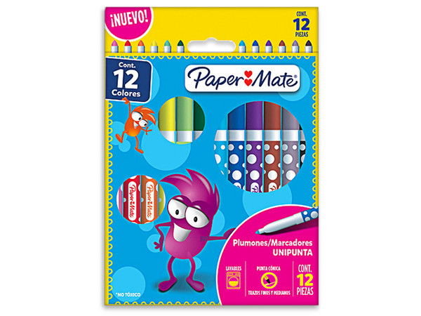 Plumones Paper Mate Unipunta, colores surtidos, caja con 12 piezas, tinta de secado rápido y resistencia al agua.
