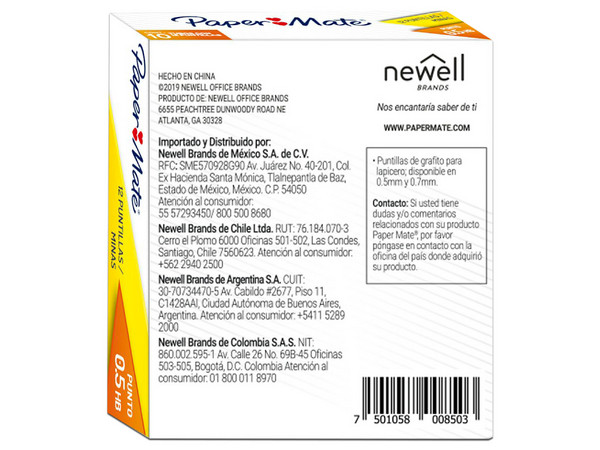 Puntillas Paper Mate M26010015001 0.5 mm, Caja con 10 Tubos, 12 Puntillas por Tubo.