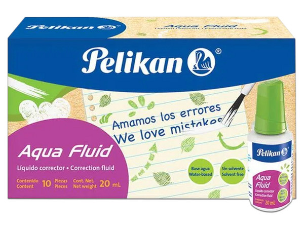 Corrector Pelikan Aqua Fluid a base de agua de 20ml, Caja con 10 Piezas.