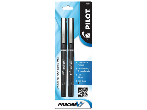 Bolígrafo Extra Fino Pilot Precise V7, Tinta Líquida, Punta Rodante, No retráctil, 2 piezas, Color Negro.
