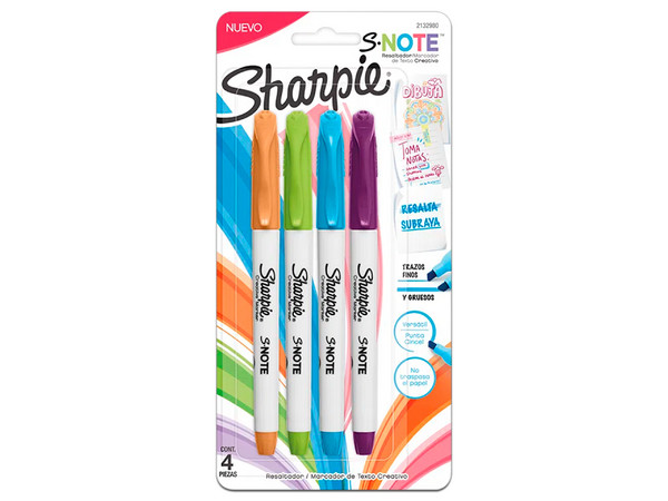 Marcador Sharpie SNote, Resaltador, Blister, Colores Surtidos, Paquete con 4 piezas.