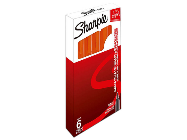 Marcador Permanente Sharpie, Punta Fina, Caja con 6 Piezas, Color Naranja.