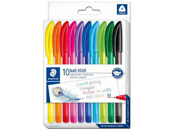 Bolígrafo Triangular Punto Medio Staedtler 4320MC10, Tinta Permanente, Secado Rápido, No retráctil, Caja con 10 Piezas, Colores surtidos.